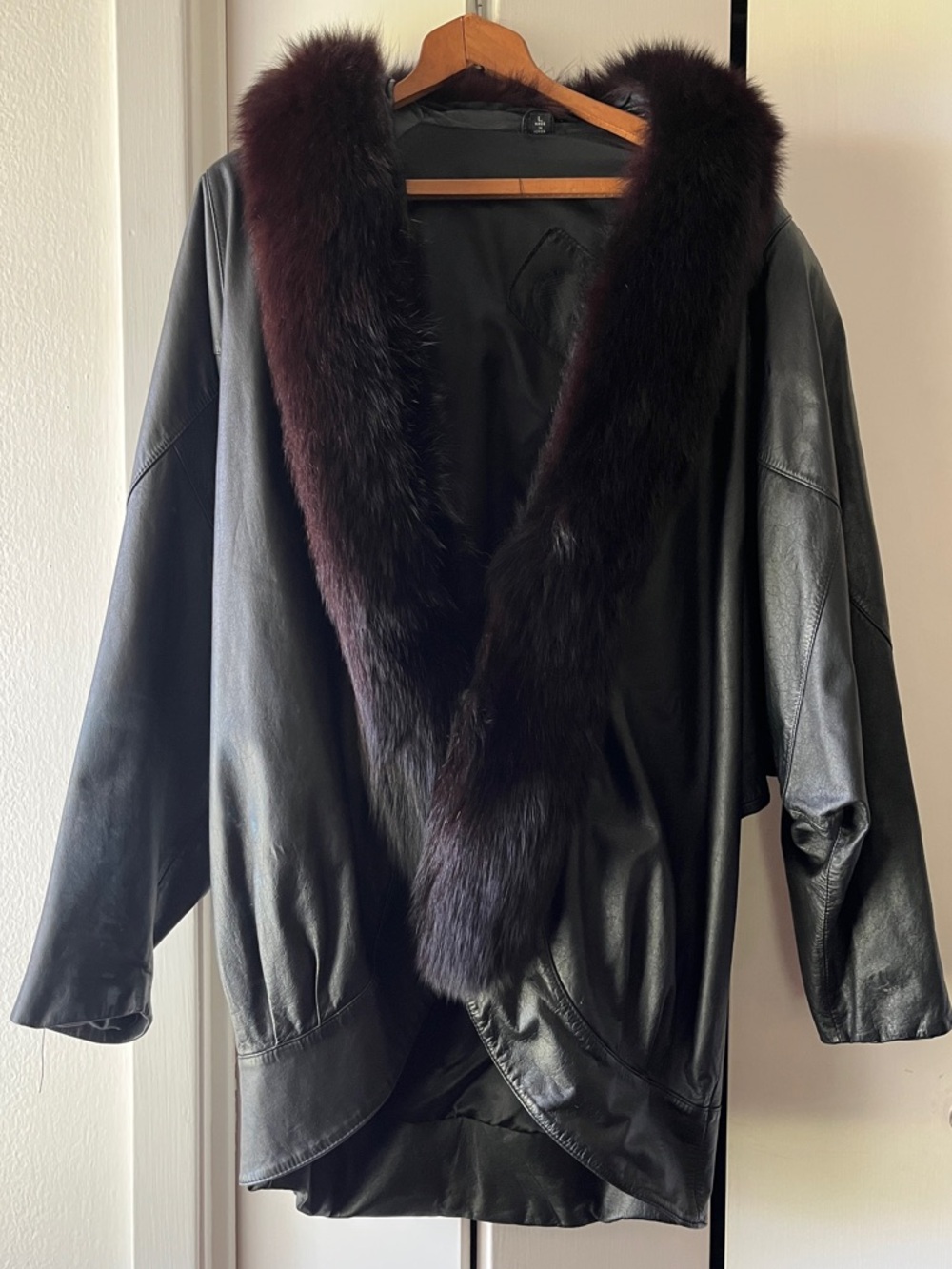 Vintage 1980’s L Jacqueline Ferrar Black Leather Coat & Red/Black Fox Fur Trim